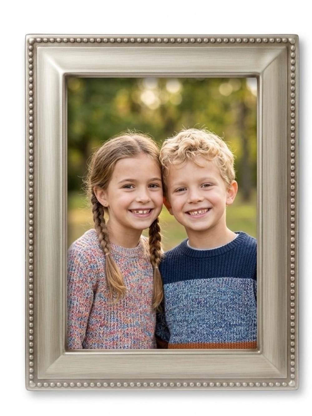 Brushed Silver Tone Bead Trim Picture Frame 6” x 8”
